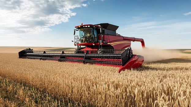 A powerful red combine harvester efficiently harvesting wheat under a bright afternoon sky.