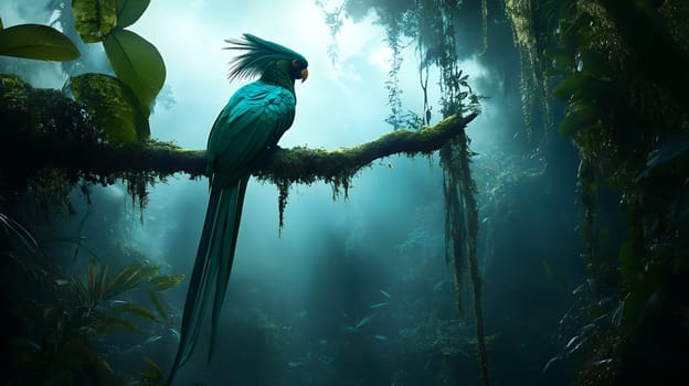 An exotic parrot perched on a mossy branch in a lush rainforest, surrounded by vibrant foliage.
