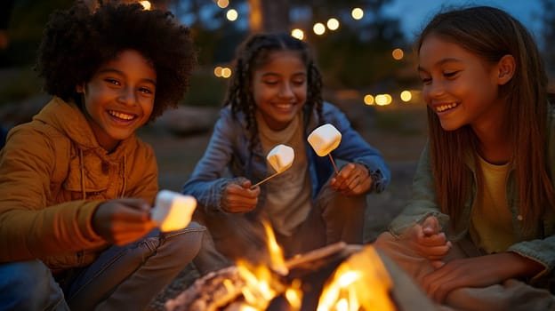 Three joyful children roasting marshmallows over a campfire, enjoying a warm evening under twinkling lights.