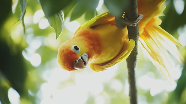 A playful sun conure parrot hanging upside down on a branch, displaying its bright yellow and orange feathers.