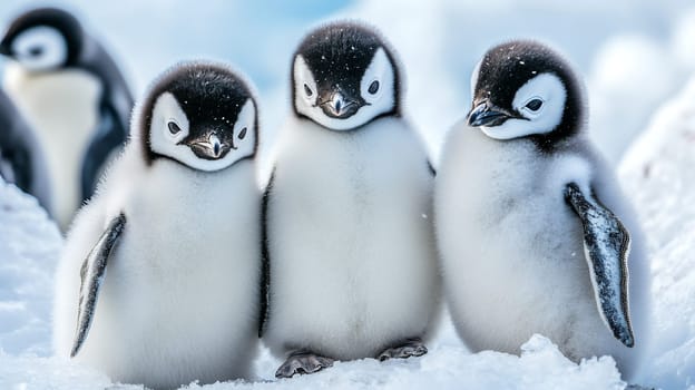 Three fluffy penguin chicks huddled together in the snow, showcasing the charm of wildlife in Antarctica.