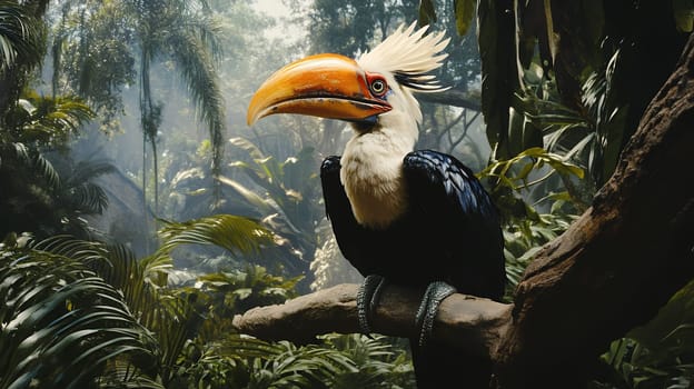 A striking hornbill perches majestically on a branch amidst lush jungle foliage, embodying the essence of the wild.