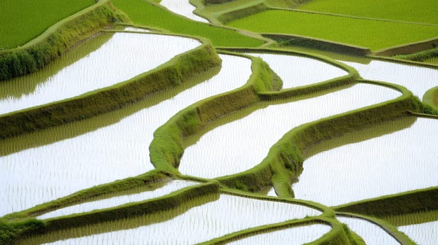 Stunning terraced rice fields surrounded by lush greenery, showcasing traditional agricultural practices.