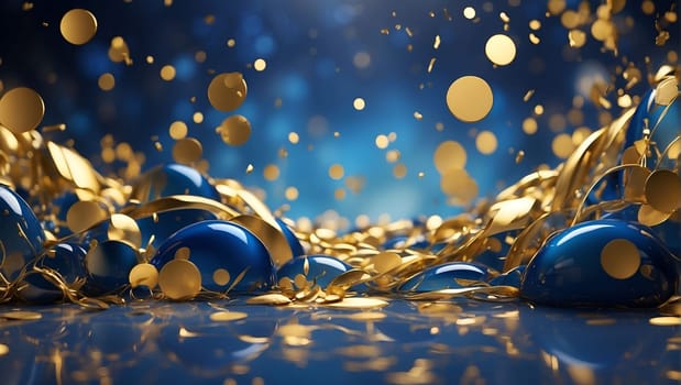 Horizontal background, glass balls, gold and blue, sequins, celebration, luxury world. High quality photo