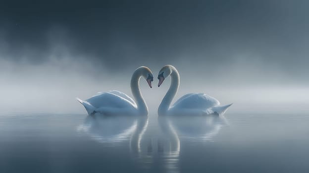 Two elegant swans facing each other on a misty lake, creating a heart shape with their necks.