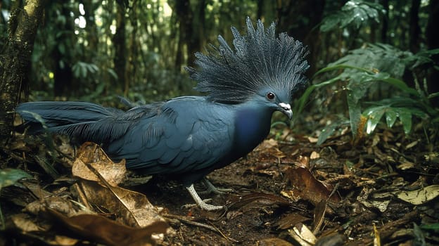 A majestic crowned pigeon strutting through the forest floor, surrounded by fallen leaves and dense foliage.