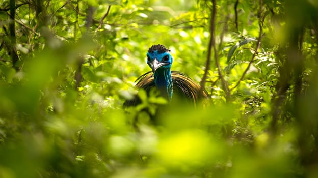 A colorful peacock peeks through lush green foliage, showcasing its vibrant blue and green feathers.