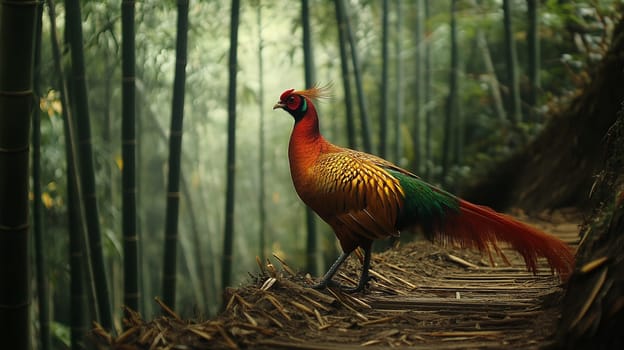 A vibrant pheasant stands gracefully on a forest path, surrounded by towering bamboo, in a serene natural setting.