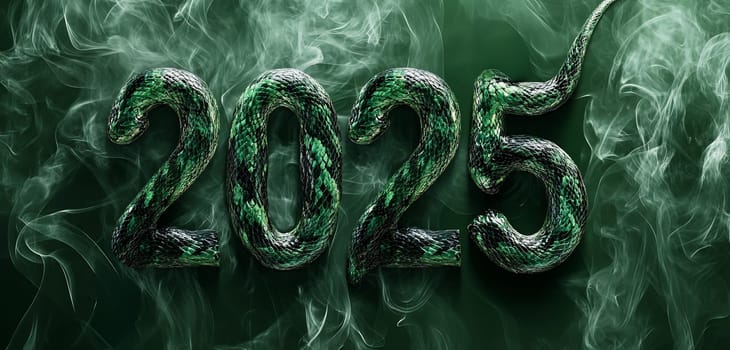 A green snake weaves through smoke, creatively shaping the numerals for the year 2025 in a dark setting.