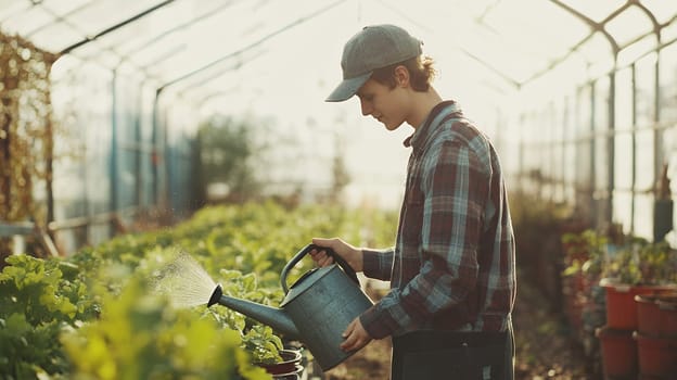 A young man in a greenhouse carefully watering plants, nurturing them for optimal growth.