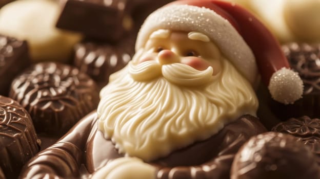 A charming Santa Claus figurine made of chocolate sits among various chocolate treats celebrating the festive season with rich textures and colors.