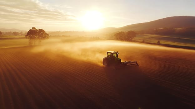 A tractor plows through a field, enveloped in golden sunset light, illustrating the hard work of farming.