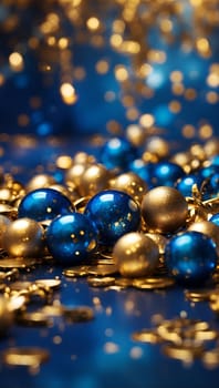 Vertical background, transparent glass balls, gold and blue, celebration. High quality illustration