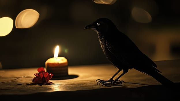 In a dimly lit setting a crow stands next to a flickering candle and a delicate flower creating a moody atmosphere in the darkness.