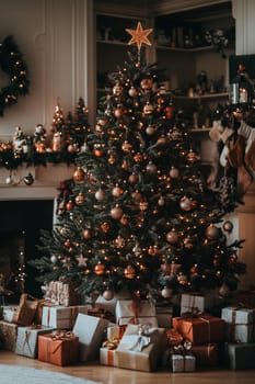 A beautifully decorated Christmas tree shines with ornaments, surrounded by wrapped gifts in a warm, festive living room.