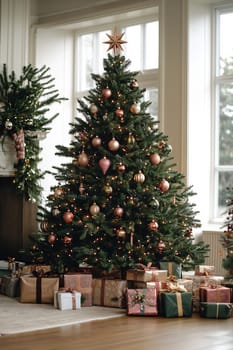 A beautifully decorated Christmas tree stands in a bright room, surrounded by wrapped gifts and festive ornaments, creating a warm holiday ambiance.