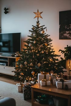 A lovely Christmas tree adorned with golden ornaments stands in a warm living room, surrounded by presents ready for celebration.