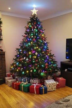 A beautifully decorated Christmas tree stands in a cozy living room, surrounded by wrapped gifts, creating a festive atmosphere.
