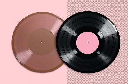 Two retro vinyl records, one brown and one black, are placed on a stylish pastel background with a checkered pattern.