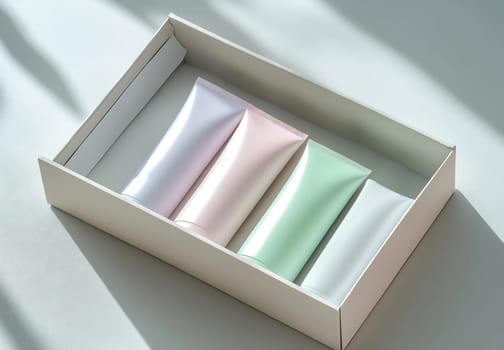 A neatly arranged set of four skincare tubes presented in a light-colored box under natural light, highlighting their pastel hues.