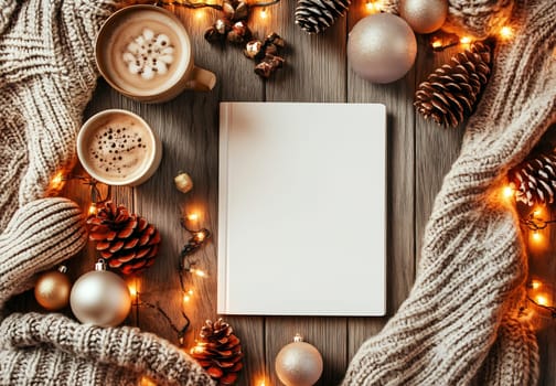 A cozy winter arrangement features cups of coffee, pinecones, ornaments, and a blank notebook surrounded by warm lights.