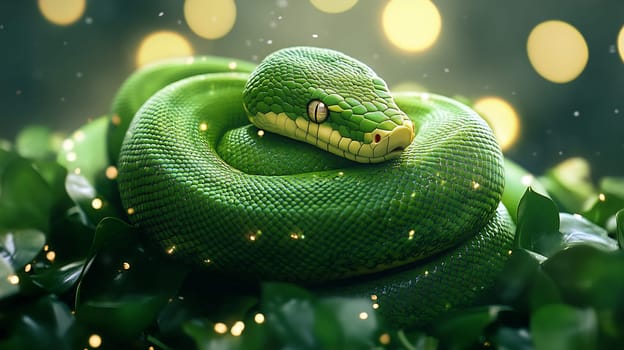 A vibrant green snake curls up comfortably among rich green leaves with soft, glowing lights in the background.