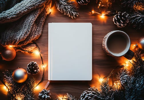 A warm setting features a blank journal, a cup of coffee, and festive decorations, perfect for a serene winter evening.
