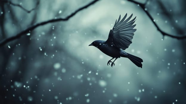 A black bird soars gracefully through falling snowflakes in a dark wintry forest setting.