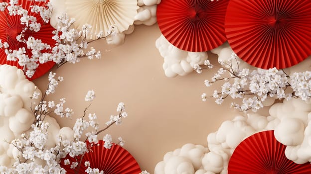 A delicate arrangement of white blossoms and red fans creates an elegant design suitable for decorative purposes or celebrations.