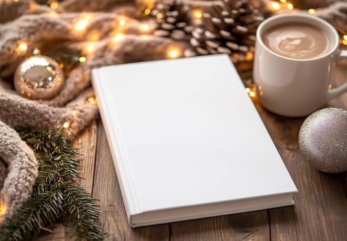 A cozy setting features a hot beverage beside a blank notebook, surrounded by festive decorations, pine cones, and twinkling lights.