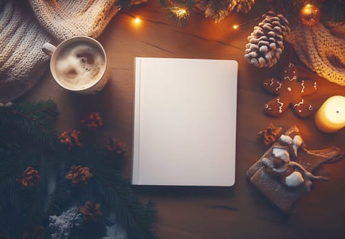 A tranquil winter scene showcases a blank journal surrounded by festive decorations, a warm drink, and holiday treats.