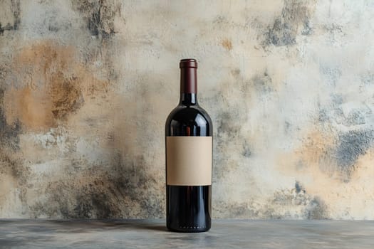 A single red wine bottle stands on a textured surface, featuring a blank label against a muted backdrop.