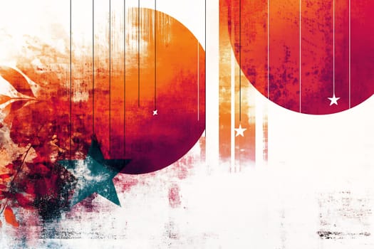 Colorful abstract artwork features large circles and dynamic elements in a blend of warm hues, creating an energetic visual experience.