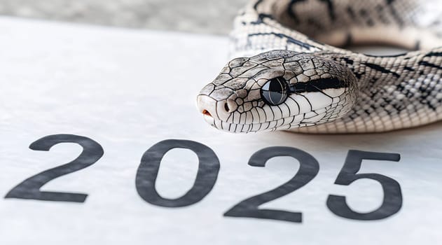 A snake is positioned above the number 2025, symbolizing the upcoming year and inviting curiosity about the future.