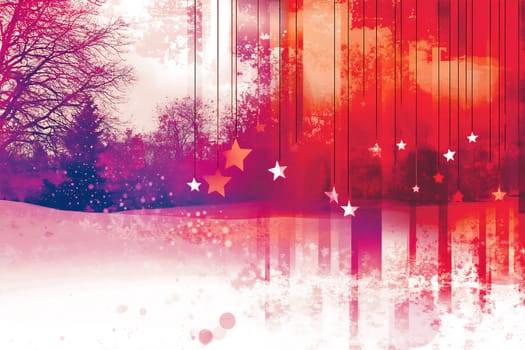 A vibrant winter landscape featuring a gradient sky and falling stars against a snowy backdrop captures the beauty of the season.