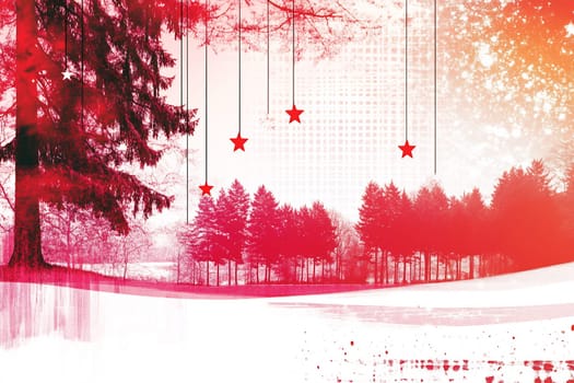 A serene winter landscape features evergreens and hanging stars, creating a festive atmosphere under a soft red hue.