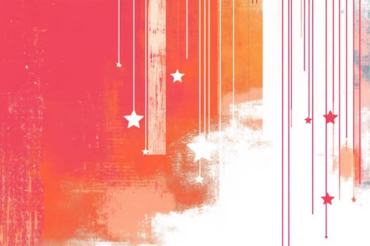 An abstract design features a vibrant pink background with hanging stars and a mix of orange and white textures.