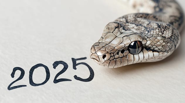 A snake lies calmly next to the number 2025, showcasing its intricate scales and captivating eyes.