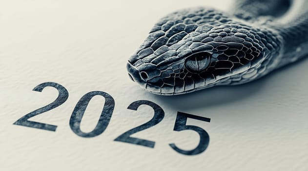 A detailed view of a snake lying next to the number 2025, symbolizing the upcoming year with a striking visual contrast.