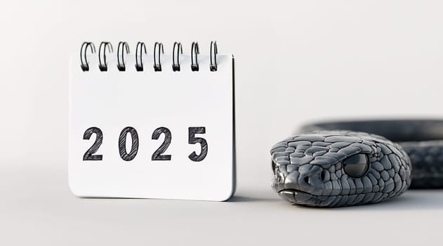 A calendar displaying the year 2025 sits next to a lifelike snake, creating an intriguing visual combination of nature and time.