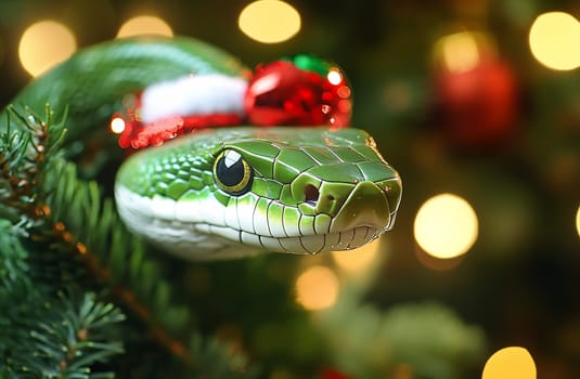 A green snake perched in a Christmas tree wears a red and white festive hat, surrounded by twinkling holiday lights.