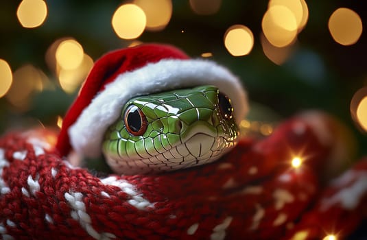 A green snake is adorned with a Santa hat, resting in cozy red knit fabric amidst festive lights and holiday cheer.