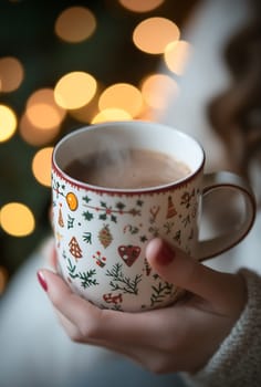 A person enjoys a warm drink in a festive mug while sitting near a beautifully decorated Christmas tree with glowing lights.