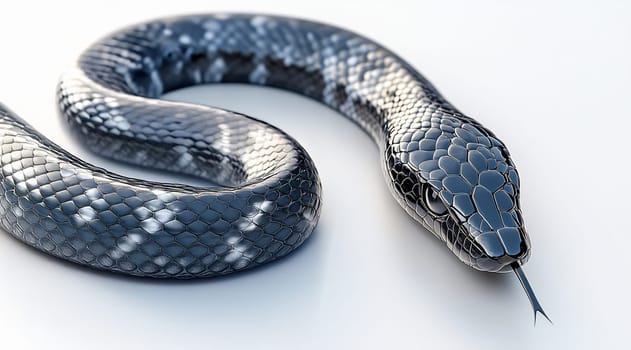 A black snake is coiling on a reflective surface, showcasing its scales and flicking its tongue as it explores its surroundings.