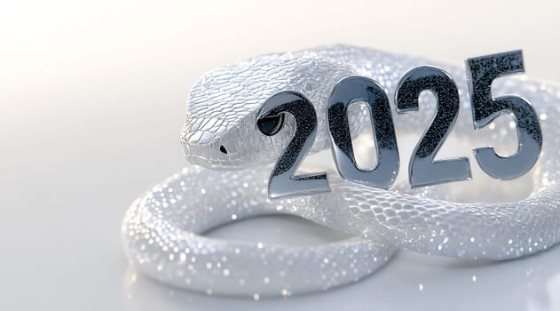 A shimmering white snake coils around shiny numbers, symbolizing the arrival of the year 2025 with elegance and allure.