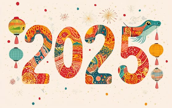 This artwork showcases colorful designs of the year 2025, featuring traditional lanterns and a dragon for Lunar New Year festivities.