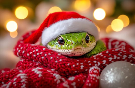 A festive green snake is cozy in a red scarf with snowflakes, celebrating the holiday season amid twinkling lights.