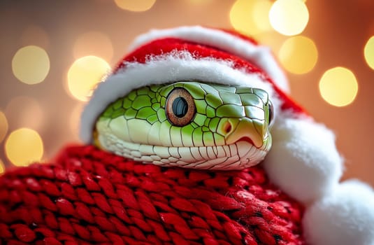A green snake wearing a Santa hat relaxes in a fluffy red scarf, surrounded by twinkling holiday lights.