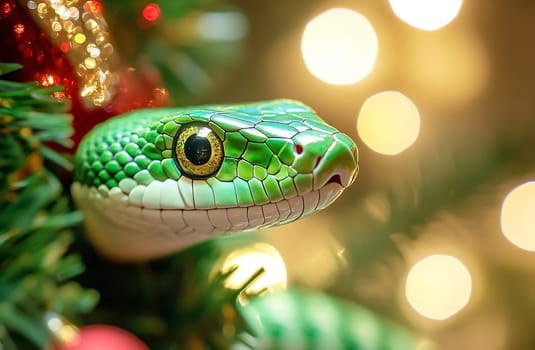 A vibrant green snake perches on a decorated Christmas tree, blending with colorful ornaments and shimmering lights in the background.