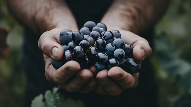 Close-up of hands holding freshly picked grapes, highlighting the beauty and abundance of the harvest.